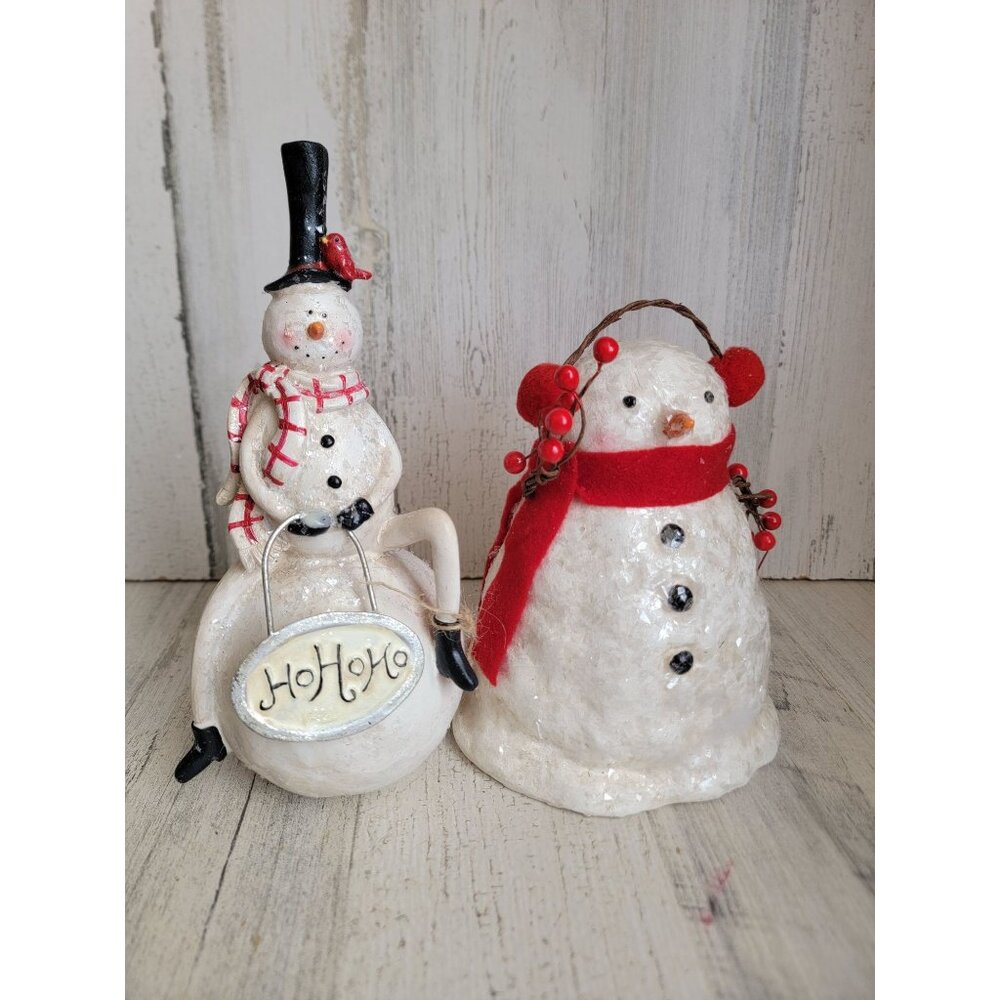 Vintage glitter Snowman snow pile set home decor top hat bird unique‎
